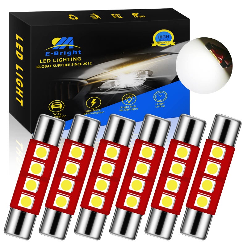 YM EBright YM E-Bright White 28MM Festoon Led For Car Visor Mirror Lights, 14V1CP 6641 6612F Led Festoon Bulb 12V Dome Light, 3030-4SMD, Pack of 6 - Image 1